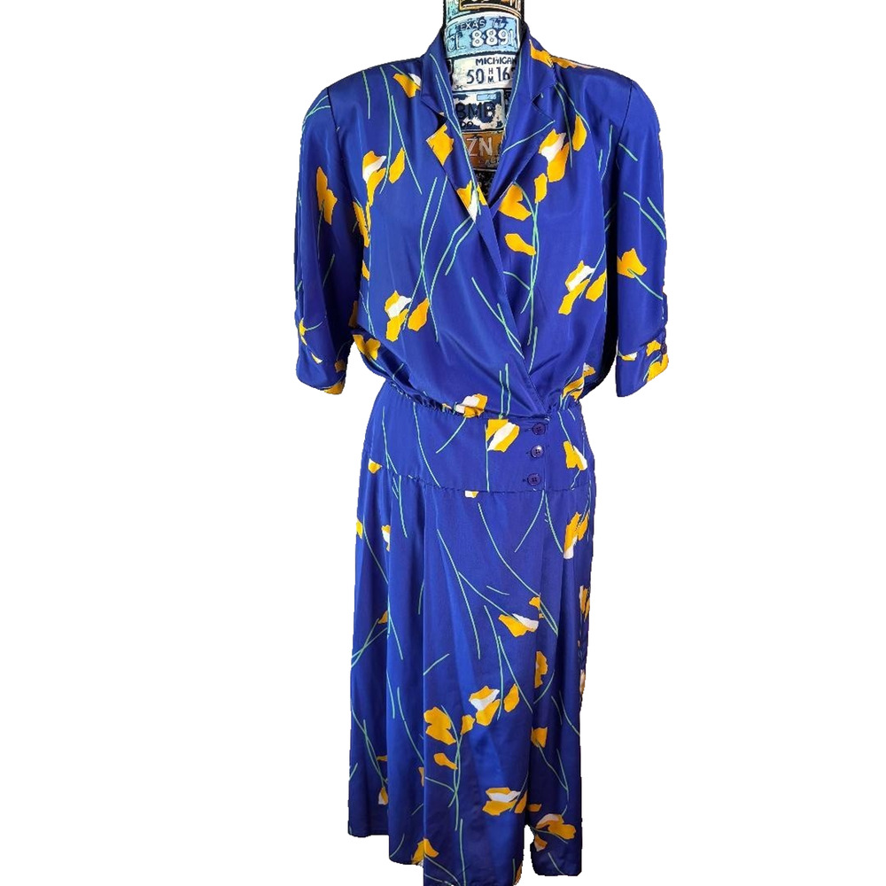 Vintage Maggy Boutique Midi Dress‎ Blue w/yellow Flowers Size 12 Shoulder Pads